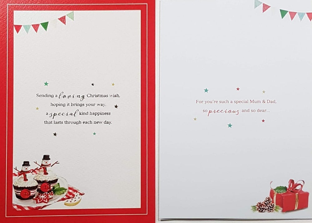 Mum And Dad Christmas Card - Two Christmas Cupcakes With Snowman & Red Button