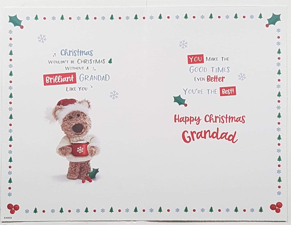 Grandad Christmas Card - Curly Teddy Wearing Glasses & Holds Mug With Snowflake