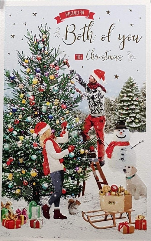 Both Of You Christmas Card - This Christmas & Man & Woman Decorating Tree Outside