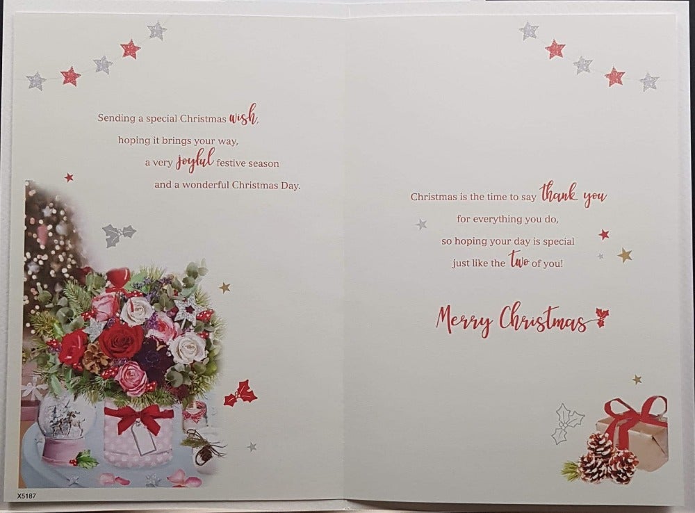 Both Of You Christmas Card - At Christmas & Bouquet on Table beside Snowglobe
