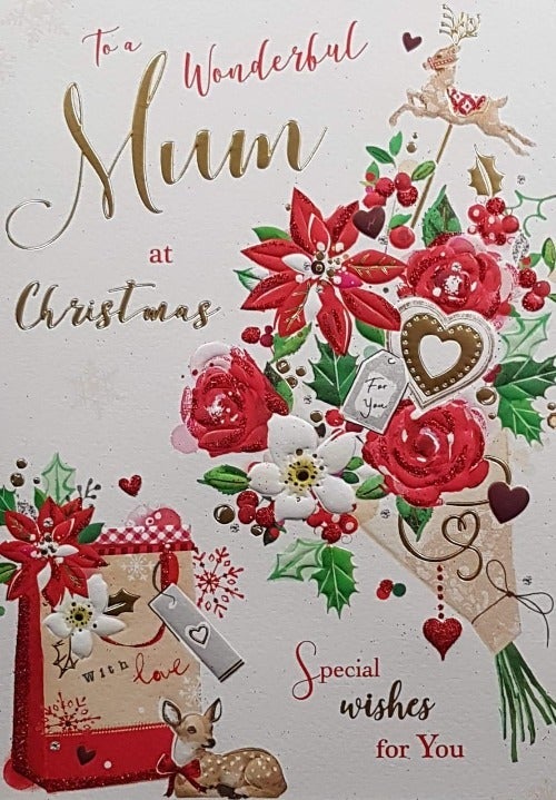 Mum Christmas Card - Gift Bag & Christmas Bouquet