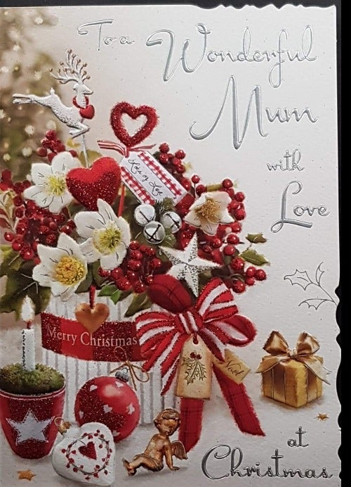 Mum Christmas Card - Gold Little Angel & Gift Box Fulled With Season Bouquet