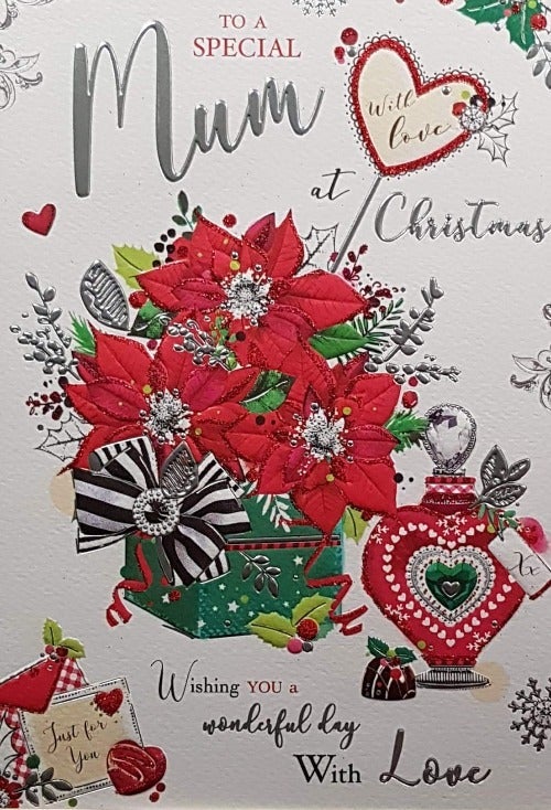 Mum Christmas Card - Christmas Bouquet & Heart - Shaped Perfume Bottle