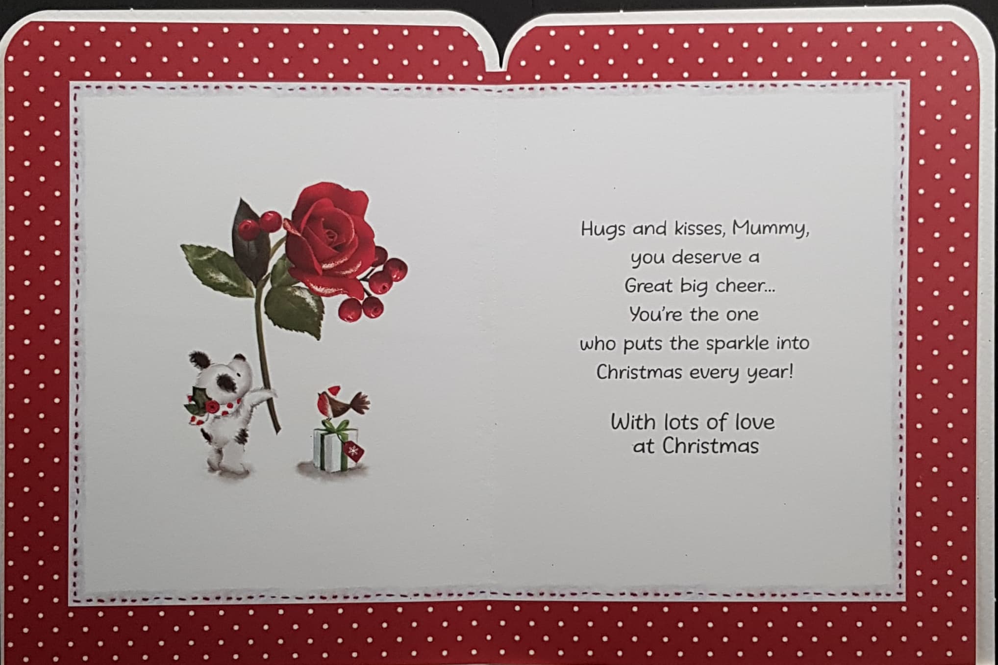 Mummy Christmas Card - The Bear Wearing Santa Hat Holding Three Frosty Roses