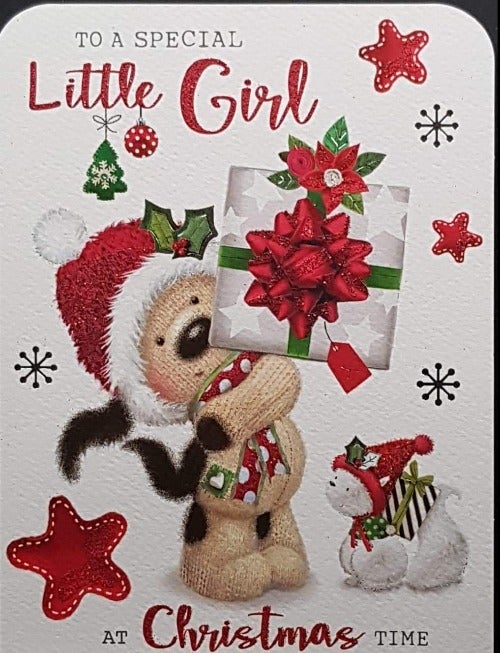 Baby Christmas Card / Girl - Teddy Bear Wearing Santa Hat Holding A Gift