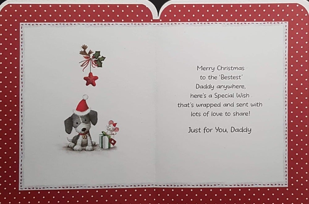 Daddy Christmas Card - Daddy Dog Reading Greetings & Two Puppy Dogs