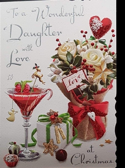 Daughter Christmas Card - Christmas Drink & Gift Box With Green Ribbon