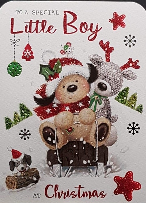 Baby Christmas Card / Boy - Baby Dog And Baby Reindeer Are Sledding
