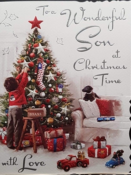 Son Christmas Card - Boy Dressing Christmas Tree & Puppy Lying On The Couch