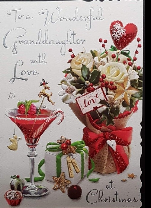 Granddaughter Christmas Card - With Love & Christmas Bouquet