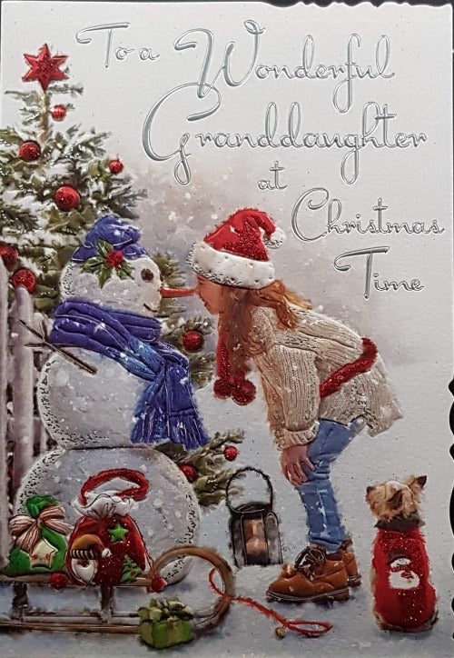 Granddaughter Christmas Card - Nose To Nose With The Snowman