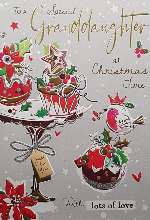 Granddaughter Christmas Card - Robin On The Christmas Cupcake