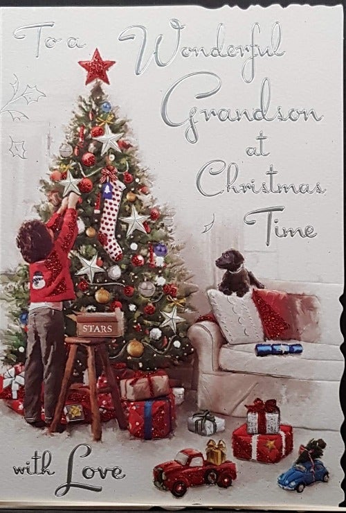Grandson Christmas Card - Boy Decorating Christmas Tree & Puppy Dog Lying On The Coutch