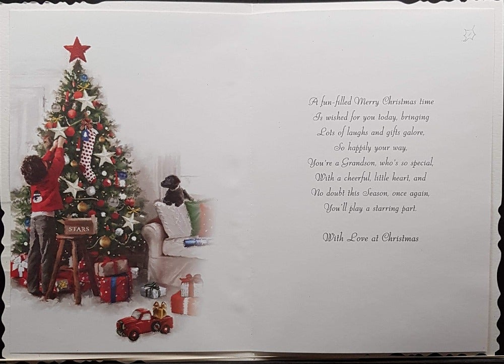 Grandson Christmas Card - Boy Decorating Christmas Tree & Puppy Dog Lying On The Coutch