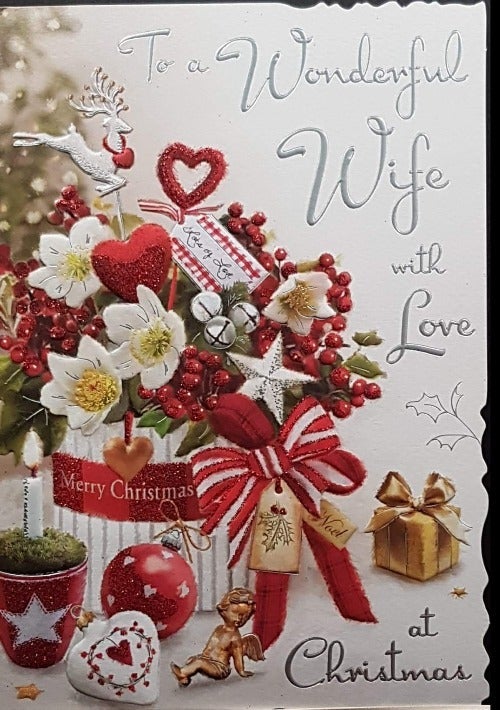 Wife Christmas Card - Christmas Bouquet & Gold Angel