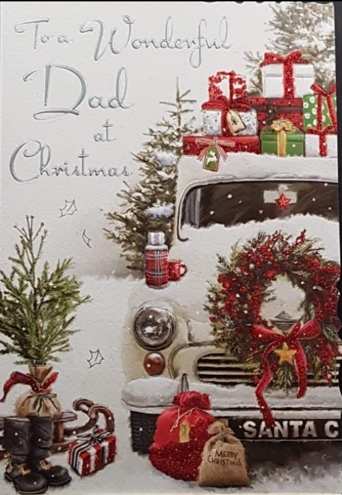Dad Christmas Card - Presents & Wreath On The Snowy Car