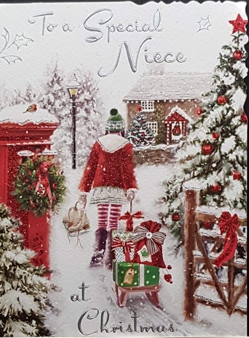 Niece Christmas Card - Girl Wearing Green Cap Is Carrying Gifts On A Sledge