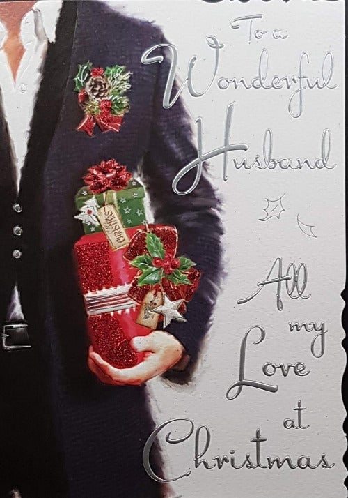 Husband Christmas Card - Man Wearing Elegant Outfit Holding Gifts