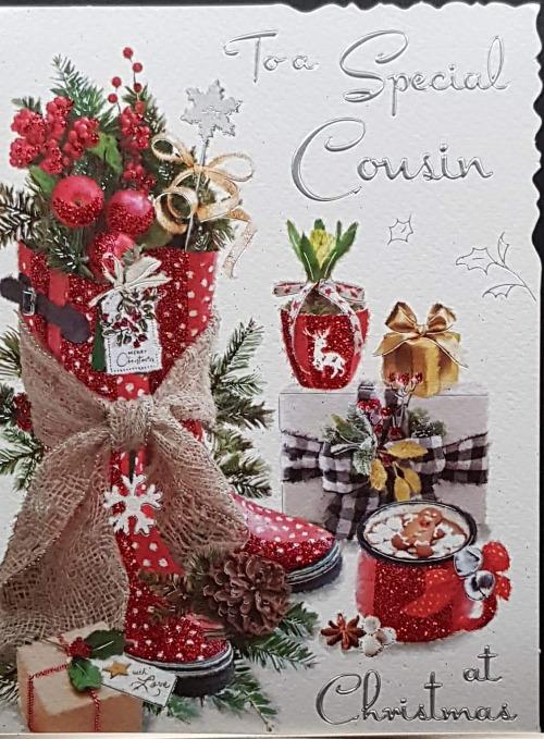 Cousin Christmas Card - Festive Decoration In Rain Boots & Gifts
