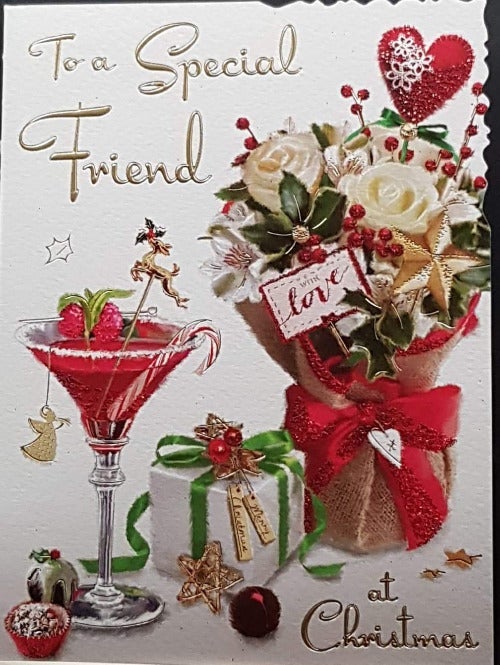 Friend Christmas Card - Christmas Drink & Christmas Bouquet
