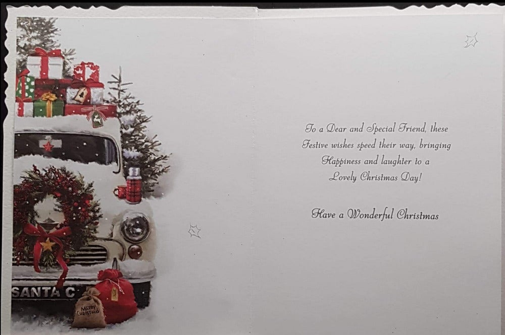 Friend Christmas Card - Car On The Snow With The Gifts On The Top