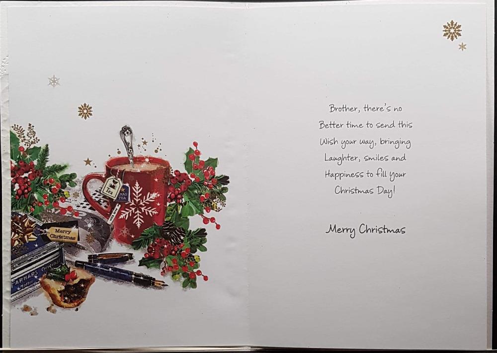 Brother Christmas Card - Cup Of Tea With White Snowflakes & Fountain Pen