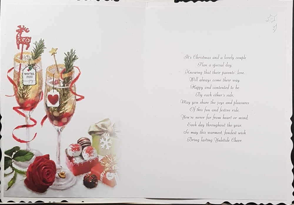 Daughter & Son In Law Christmas Card - At Christmas & Champagne Glasses, Rose & Decorations