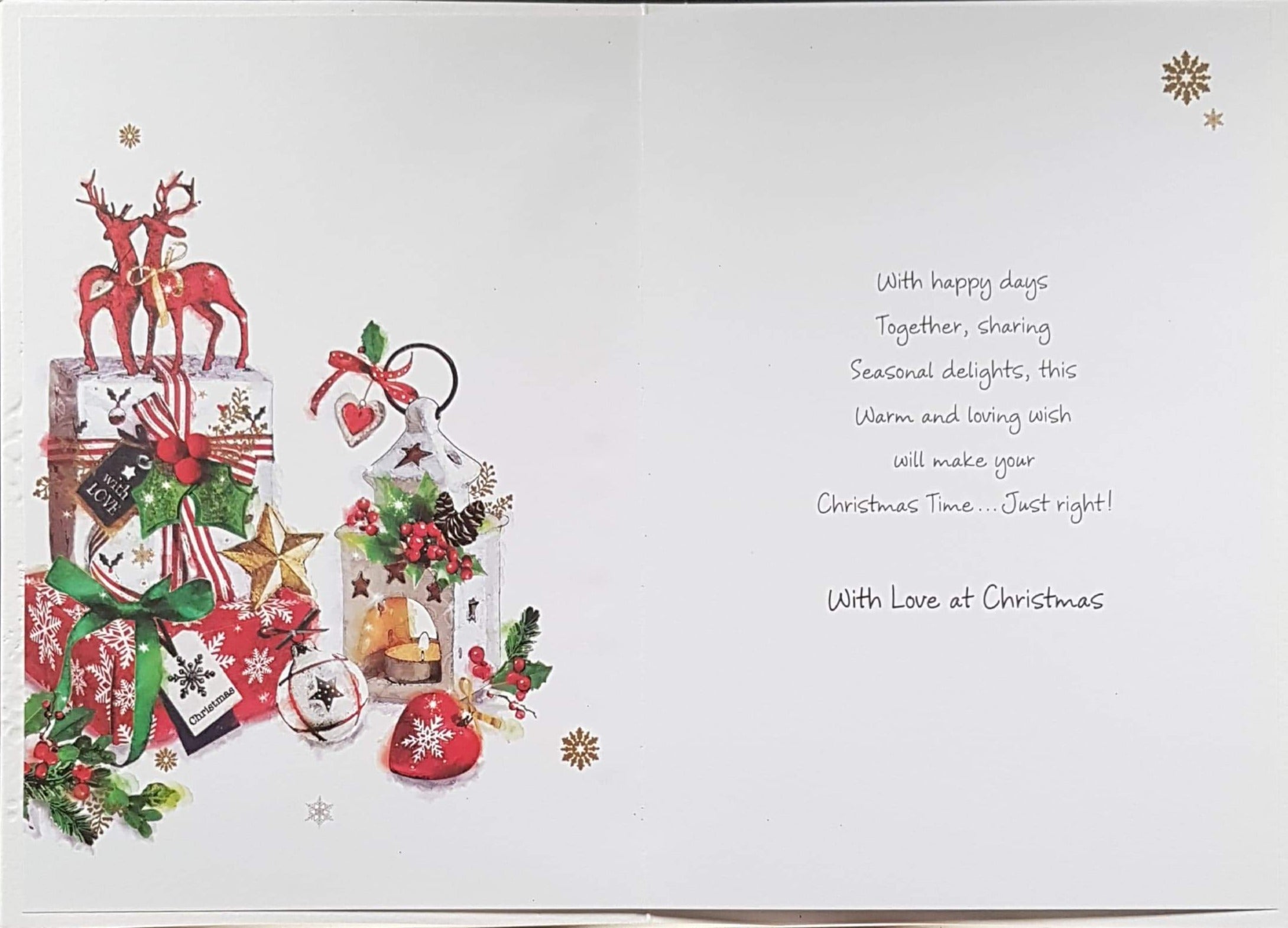 Daughter And Partner Christmas Card - At Christmas & Wrapped Gifts & Two Red Reindeer