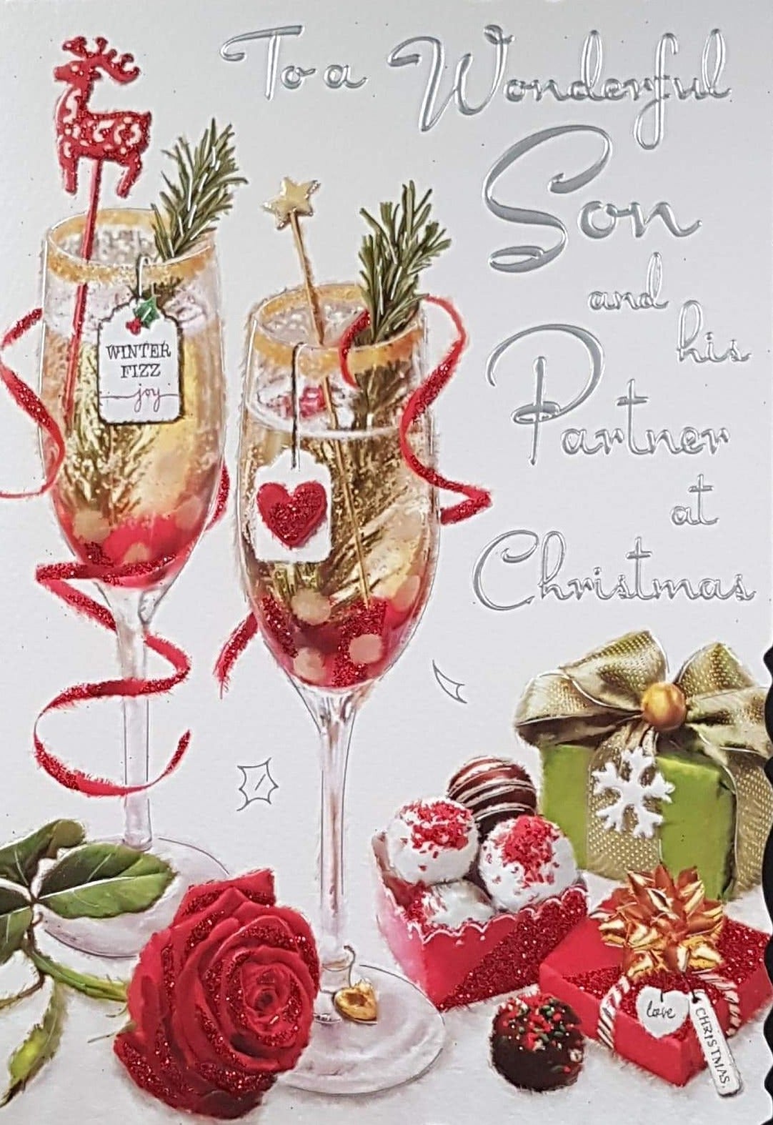 Son And His Partner Christmas Card - At Christmas & Glasses of Mulled Wine , Gifts & Rose