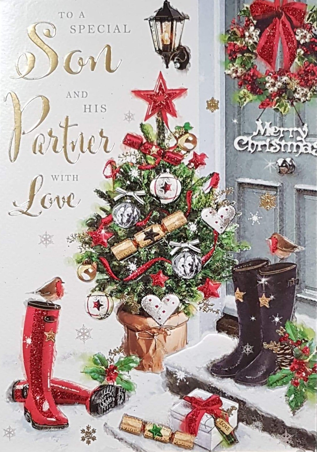 Son And His Partner Christmas Card - With Love & Christmas Tree & Boots at Front Door