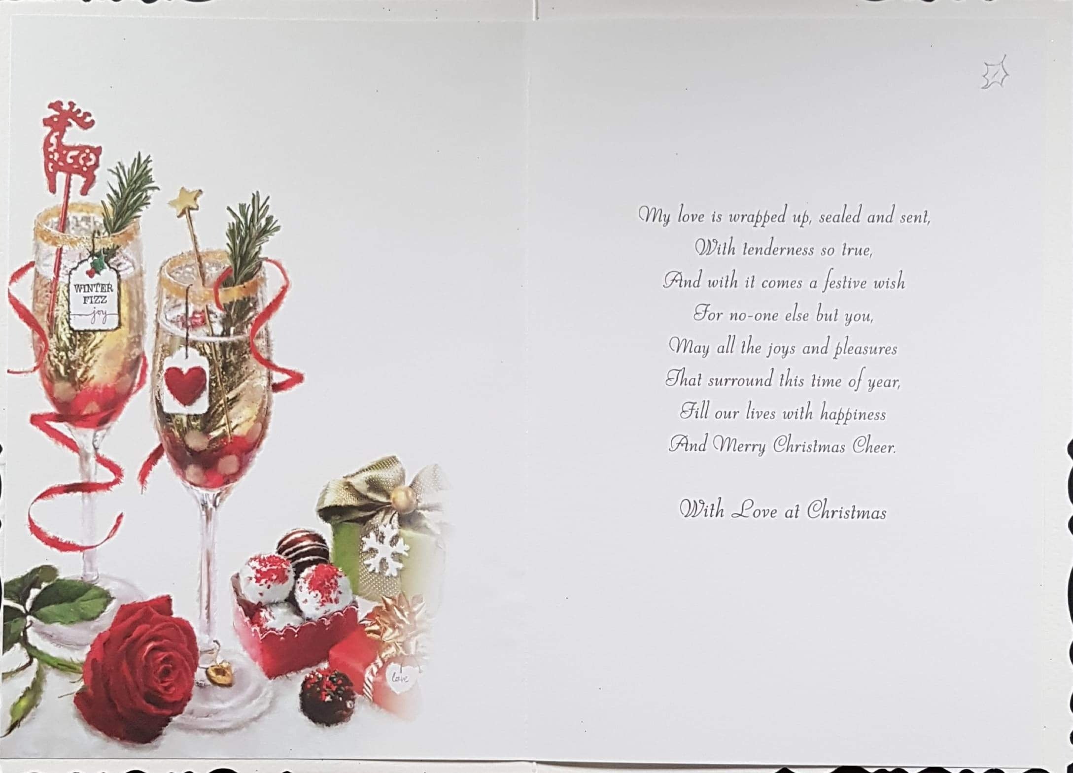 Partner Christmas Card - With Love at Christmas & Champagne Glasses & Gifts