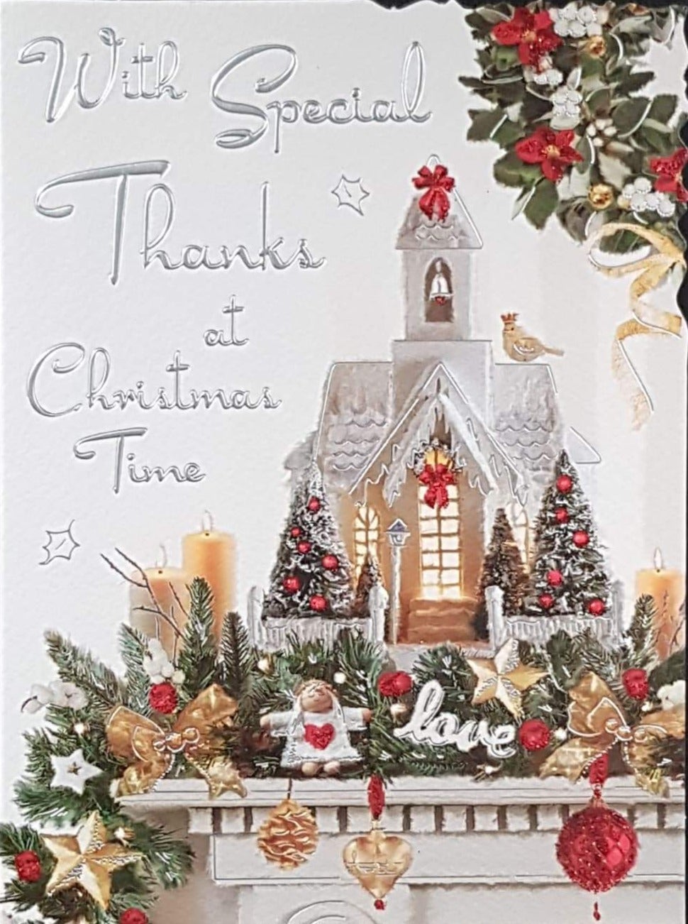 Thank You Christmas Card - With Special Thanks & Church Ornament with Garland