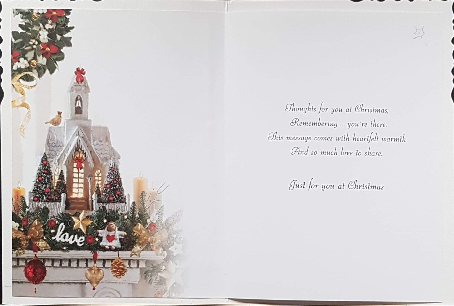 Thinking of You Christmas Card - At Christmas Time & Church Ornament & Garland on Mantelpiece