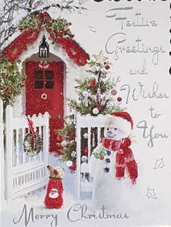 General Christmas Card - Festive Greetings and Wishes & Snowman & Dog Outside House