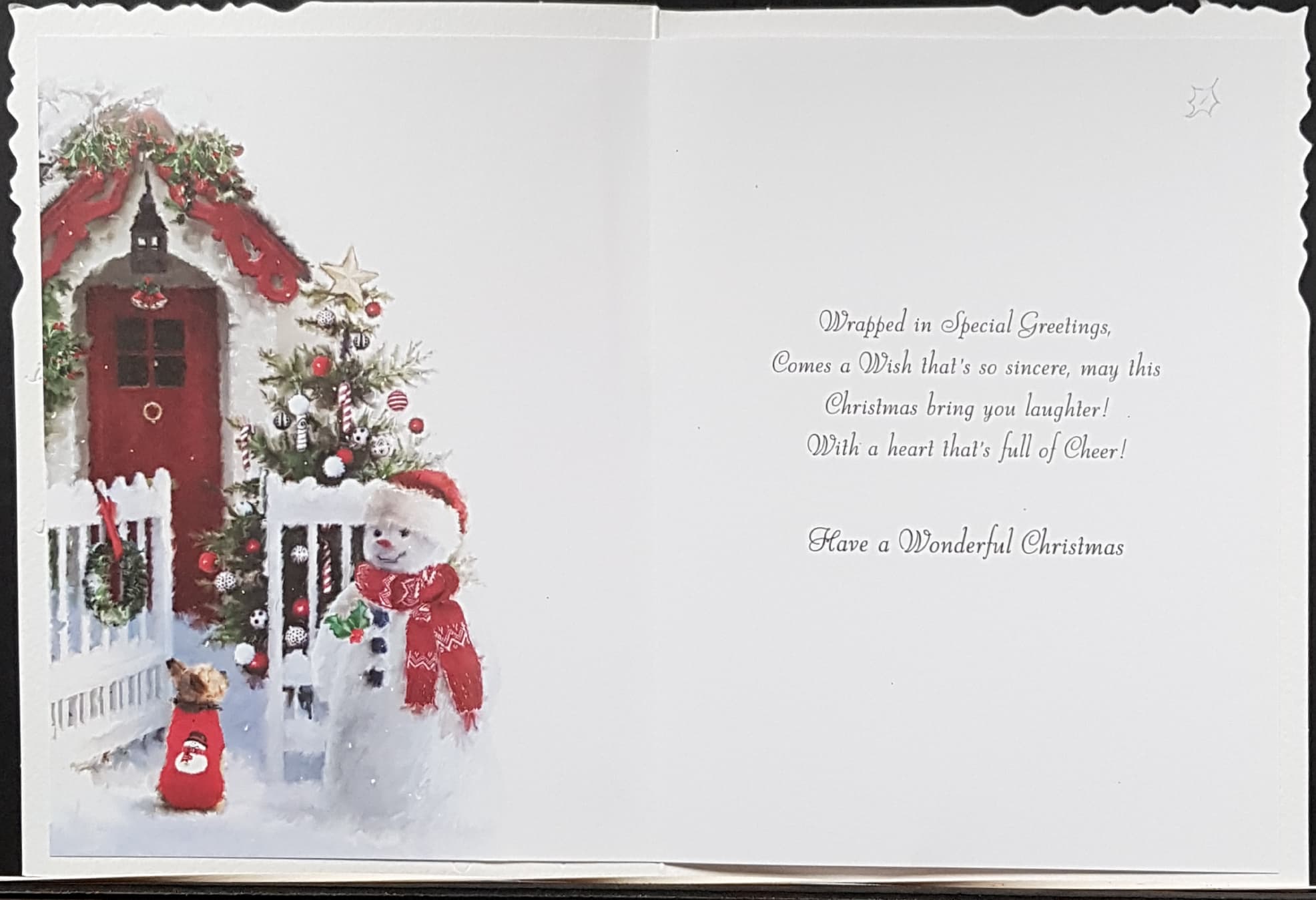 General Christmas Card - Festive Greetings and Wishes & Snowman & Dog Outside House