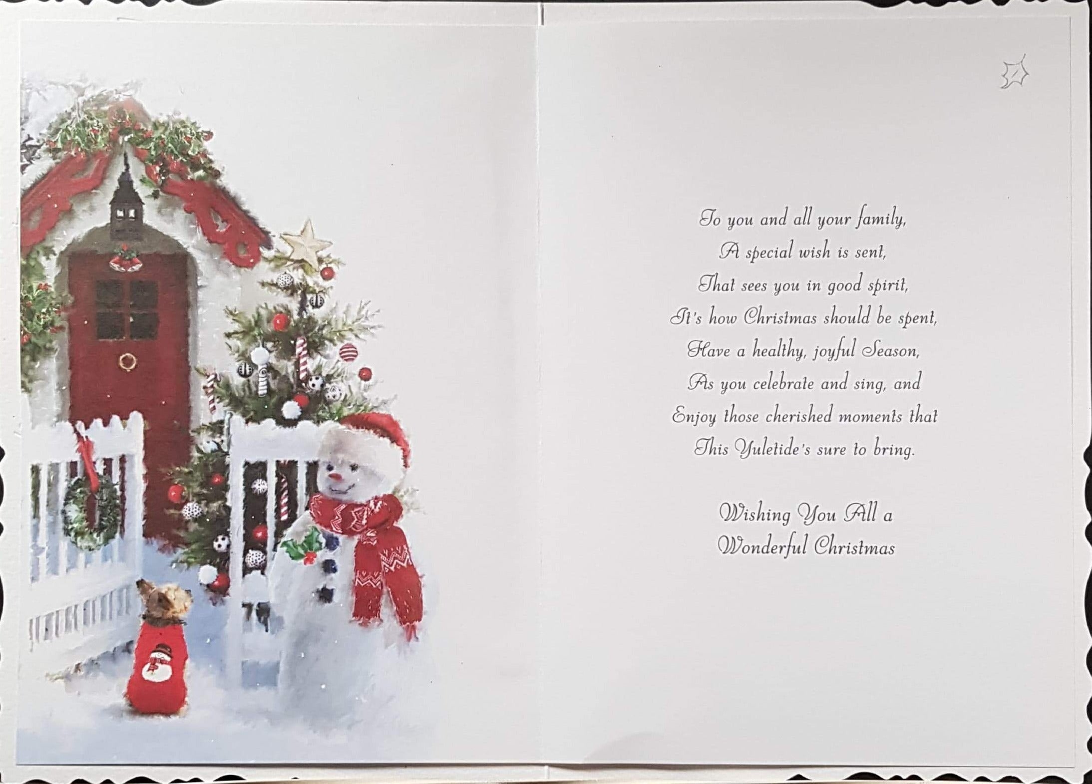 Family Christmas Card - Love and Christmas Wishes & Dog & Snowman & Red Front Door