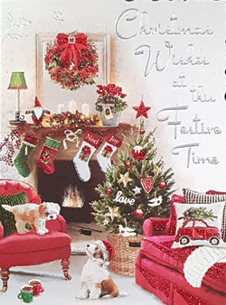 General Christmas Card - At This Festive Time & Puppies in Decorated Living Room
