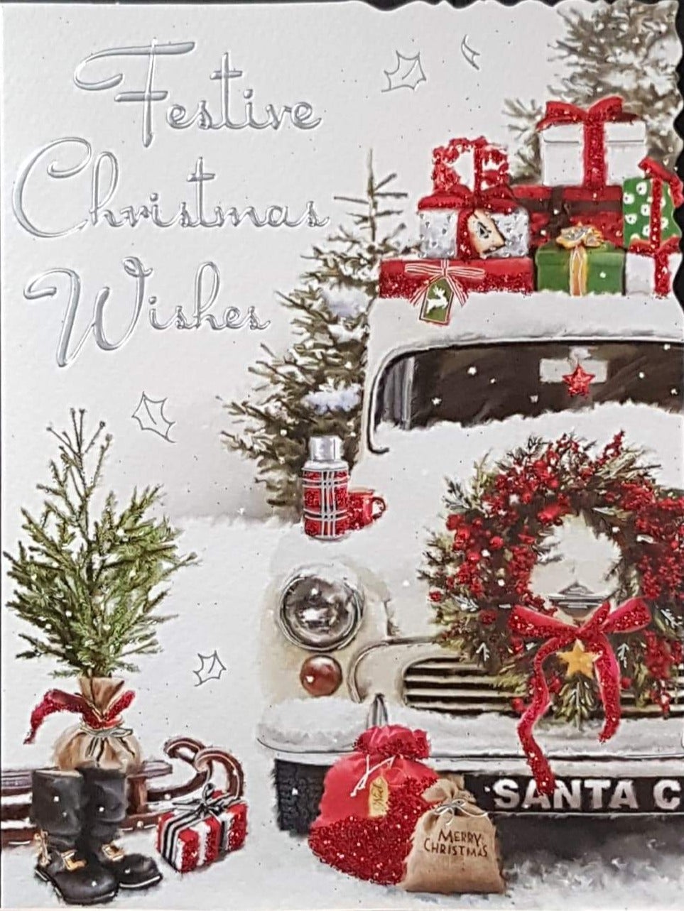 General Christmas Card - Festive Christmas Wishes & White Car & Gifts Decorated