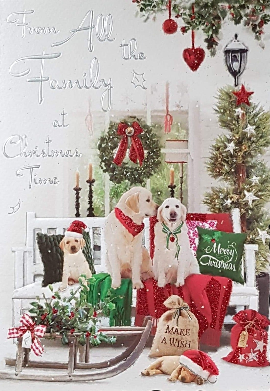 From All The Family Christmas Card - Happy Christmas Wishes & Golden Retrievers in Decorated Room