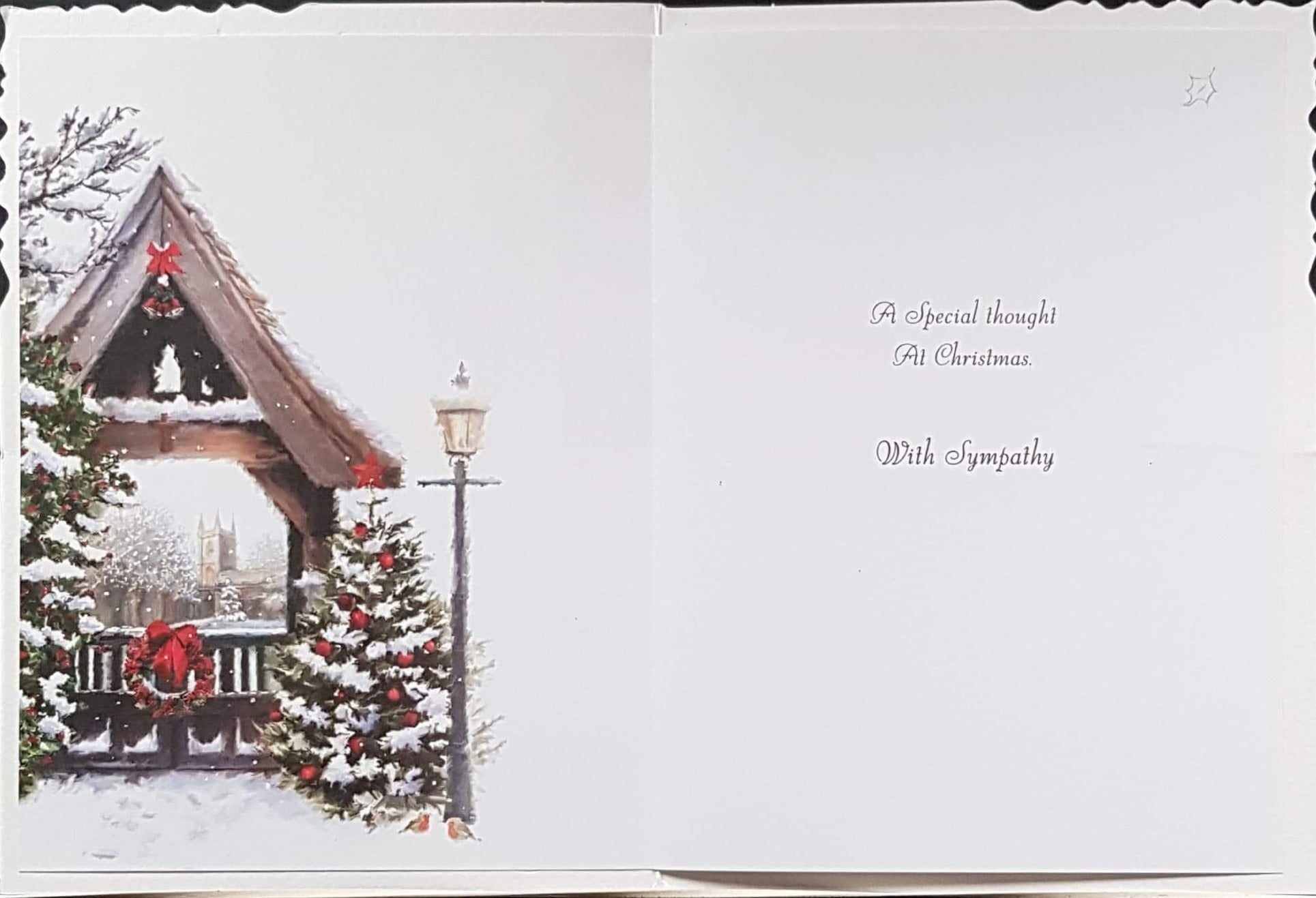 Sympathy Christmas Card - With Deepest Sympathy & Decorated Snowy Balcony