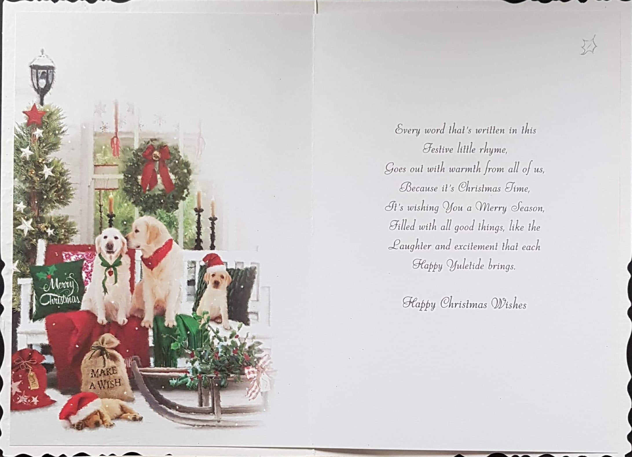 From All The Family Christmas Card - Happy Christmas Wishes & Golden Retrievers in Decorated Room