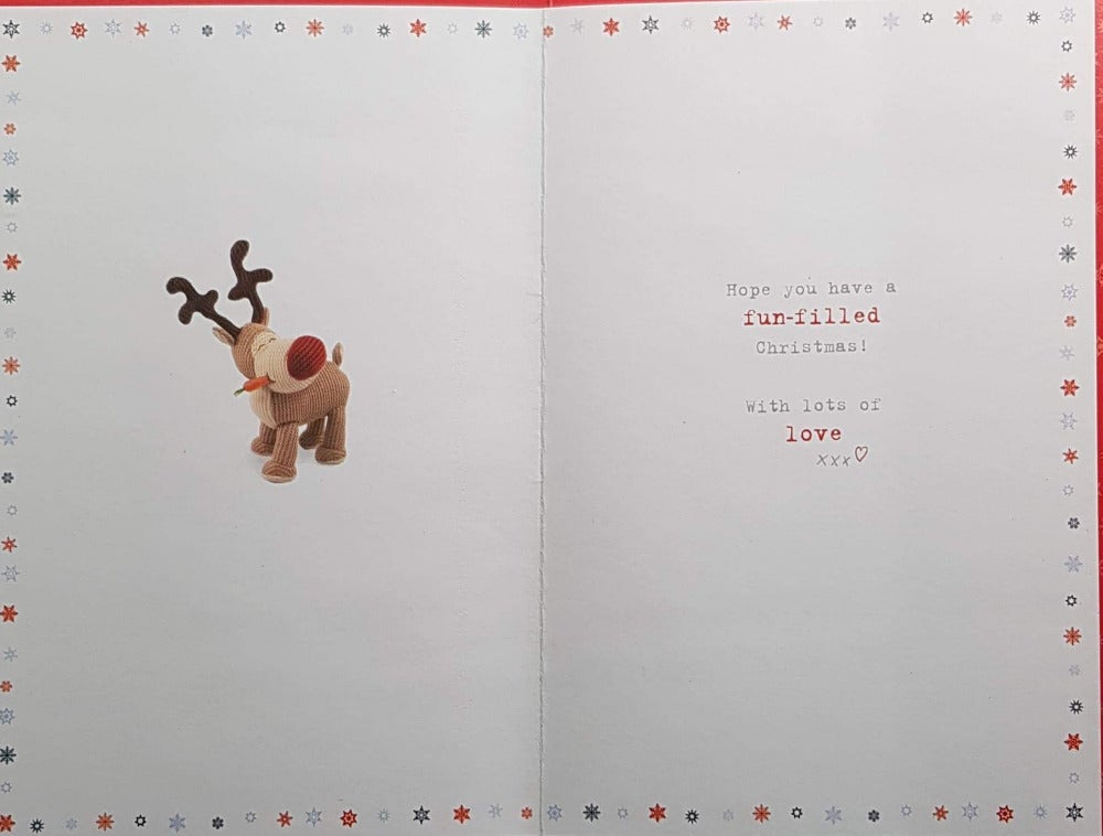 Nieces Christmas Card - Three Happy Dogs & Reindeer With Red Nose