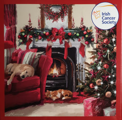 Charity Christmas Card (In Irish & English) - Box of 12 / Irish Cancer Society ICS - Dog & Cat Beside Fireplace