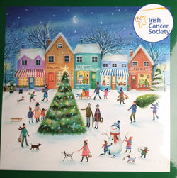 Charity Christmas Card (In Irish & English) - Box of 12 / Irish Cancer Society ICS - Playing in Snow with Tree