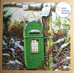 Charity Christmas Card (In Irish & English) - Box of 12 / Irish Cancer Society ICS - Green Post Box & Berries