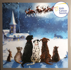 Charity Christmas Card (In Irish & English) - Box of 12 / Irish Cancer Society ICS - Line of Dogs Watching Reindeer