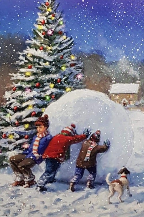 Charity Christmas Card (In Irish & English) - Cello / Children's Health Foundation & Children Rolling A Huge Snowball