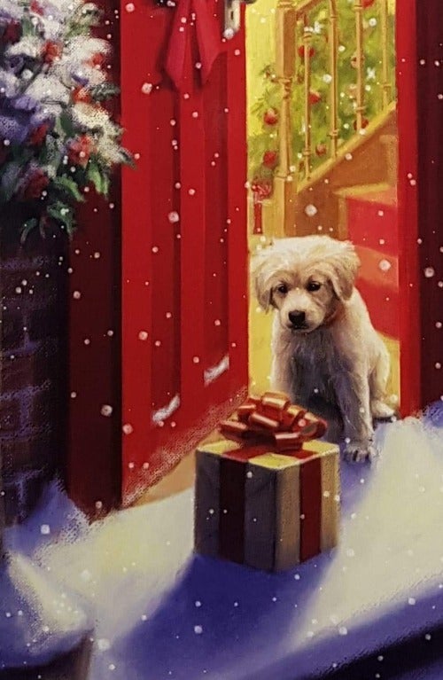 Charity Christmas Card (In Irish & English) - Cello / Children's Health Foundation & Puppy Dog And Gift