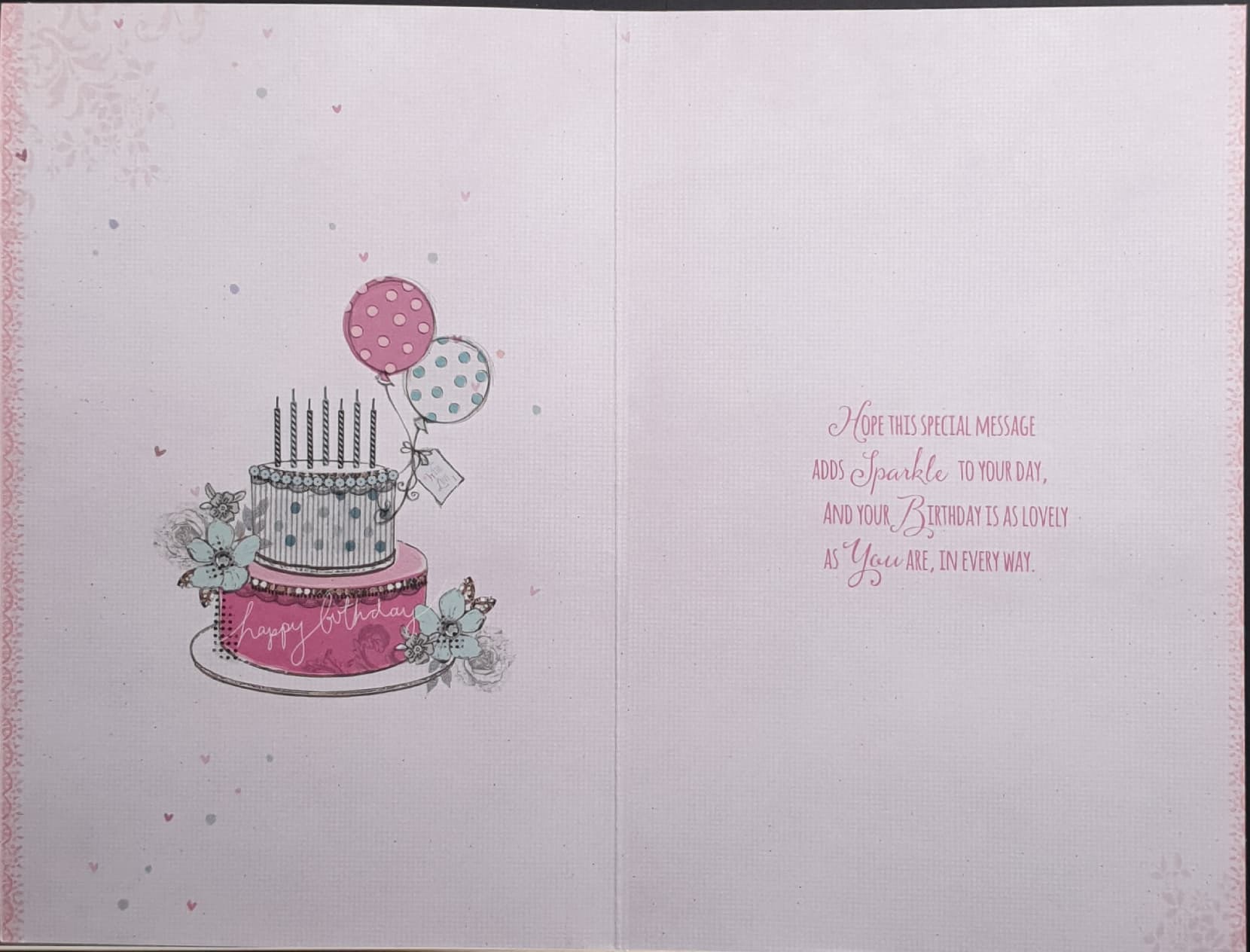 Birthday Card - Especially For You / Pink & White Cake With Flowers & Balloons