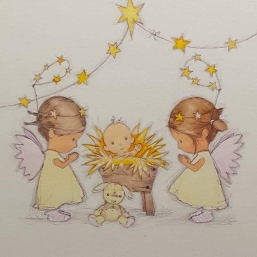 Charity Christmas Card (In Irish & English) - Small Cello / Children's Health Foundation & Two Angels And Baby Jesus